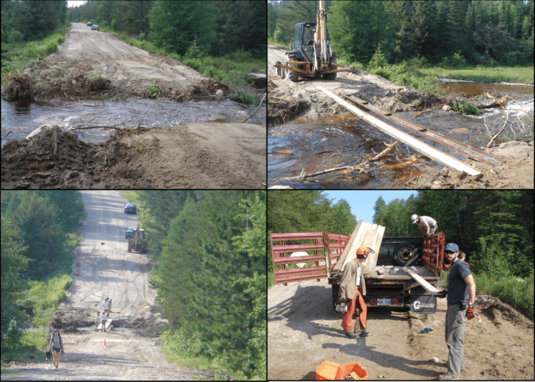 a road in northern ontario is eroded away by water and workers are working on fixing the road 