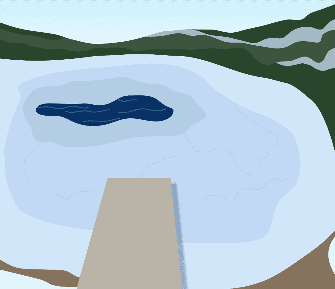 A graphic shows a frozen lake and a dock set within
