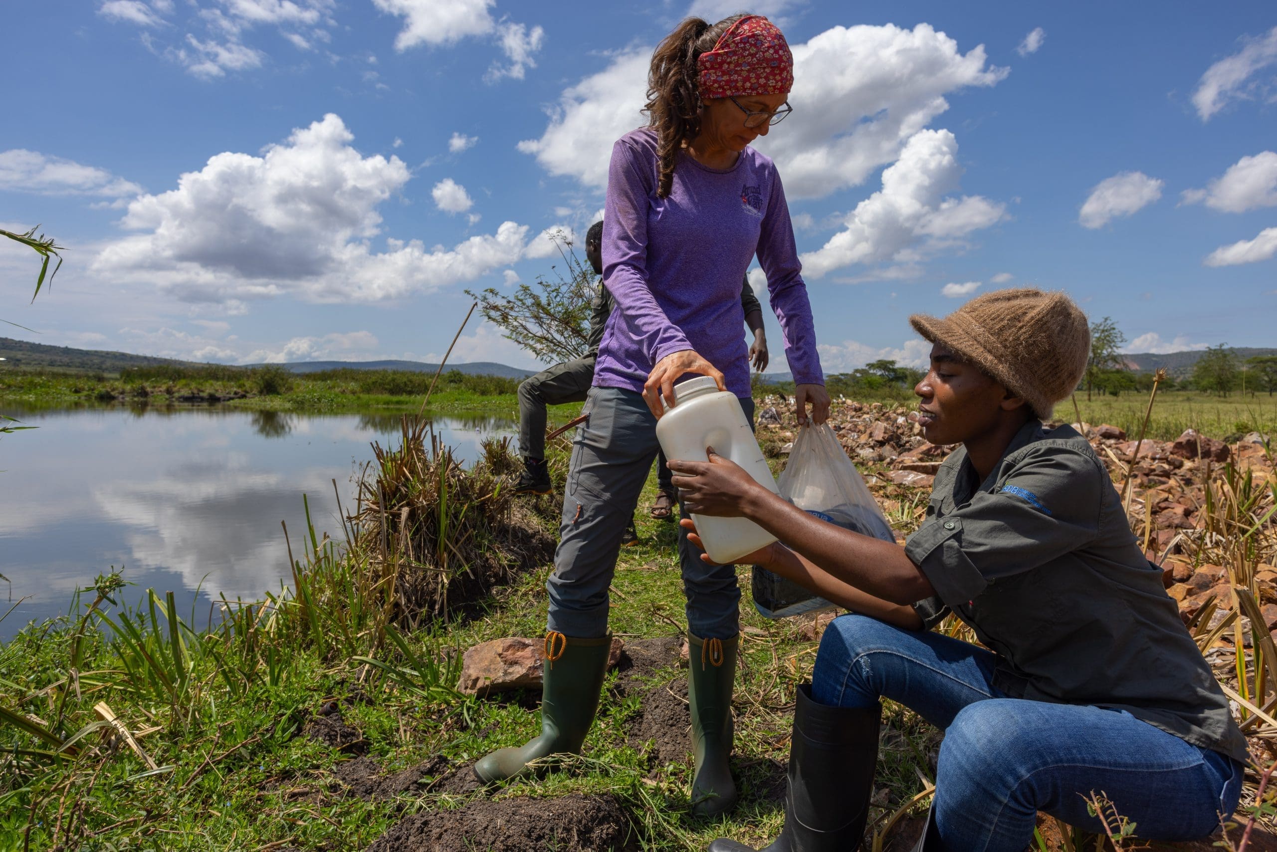 Chelsea Rochman and Emerance Tuyipfukamire work together to collect microplastics from downstream of one of the many small agricultural dams west of the park.