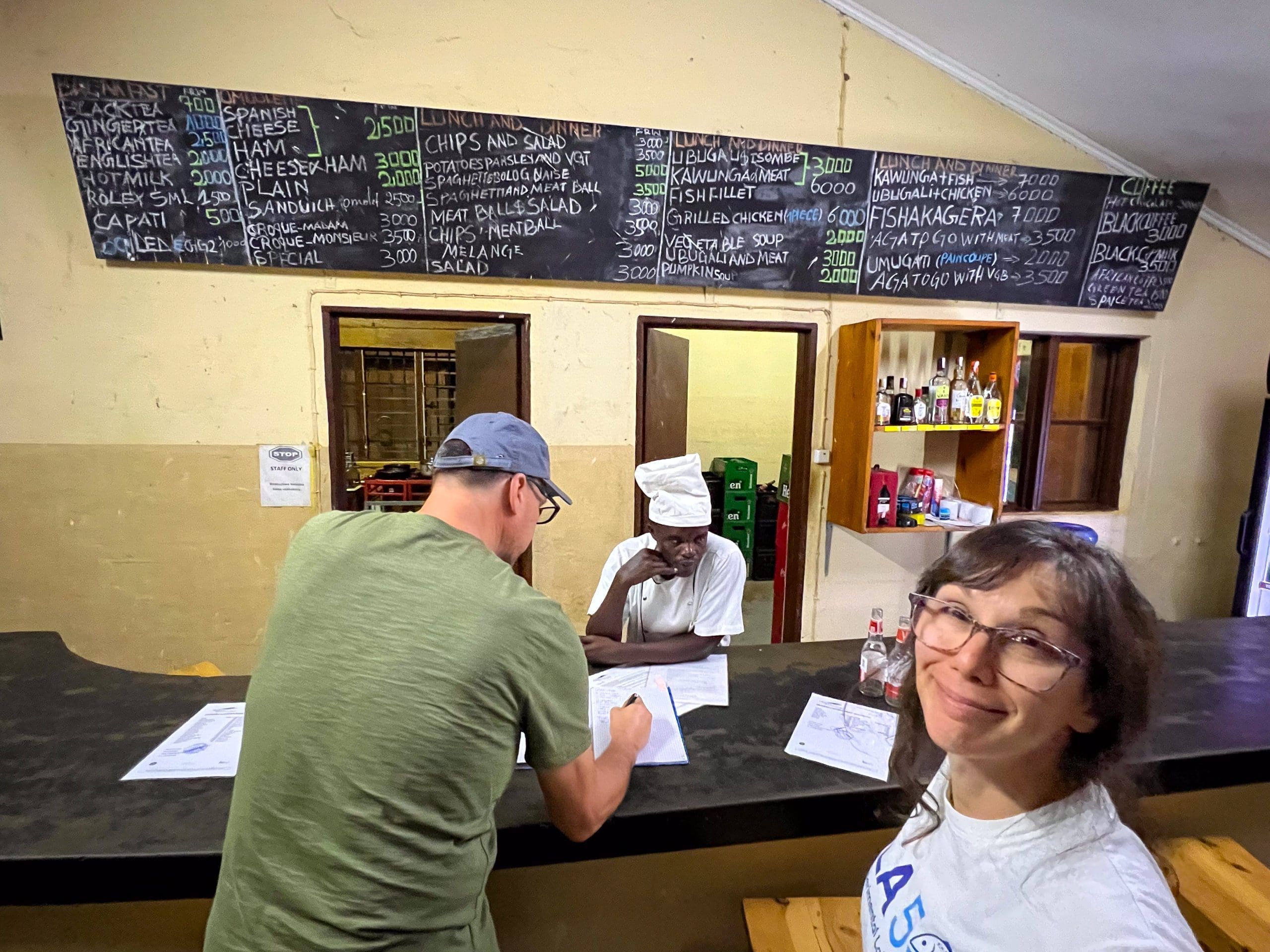 Checking in to our accomodation for the next week while making friends with the in-house chef. The park headquarters has everything you could need, from a café to accomodation…